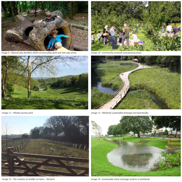 Image 9 : Natural play facilities within an eco-valley park and new play areas Image 10 : Community orchards and growing areas Image 11 : Hillside country park Image 12 : Wetland/ sustainable drainage and boardwalks Image 13 : The creation of wildlife cor Image 9 : Natural play facilities within an eco-valley park and new play areas Image 10 : Community orchards and growing areas Image 11 : Hillside country park Image 12 : Wetland/ sustainable drainage and boardwalks Image 13 : The creation of wildlife cor